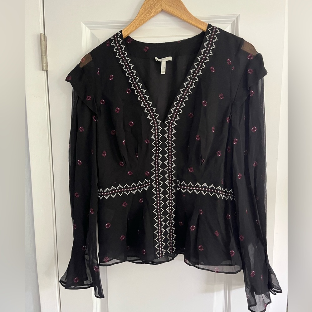 Joie Black Sheer Blouse with Embroidery
